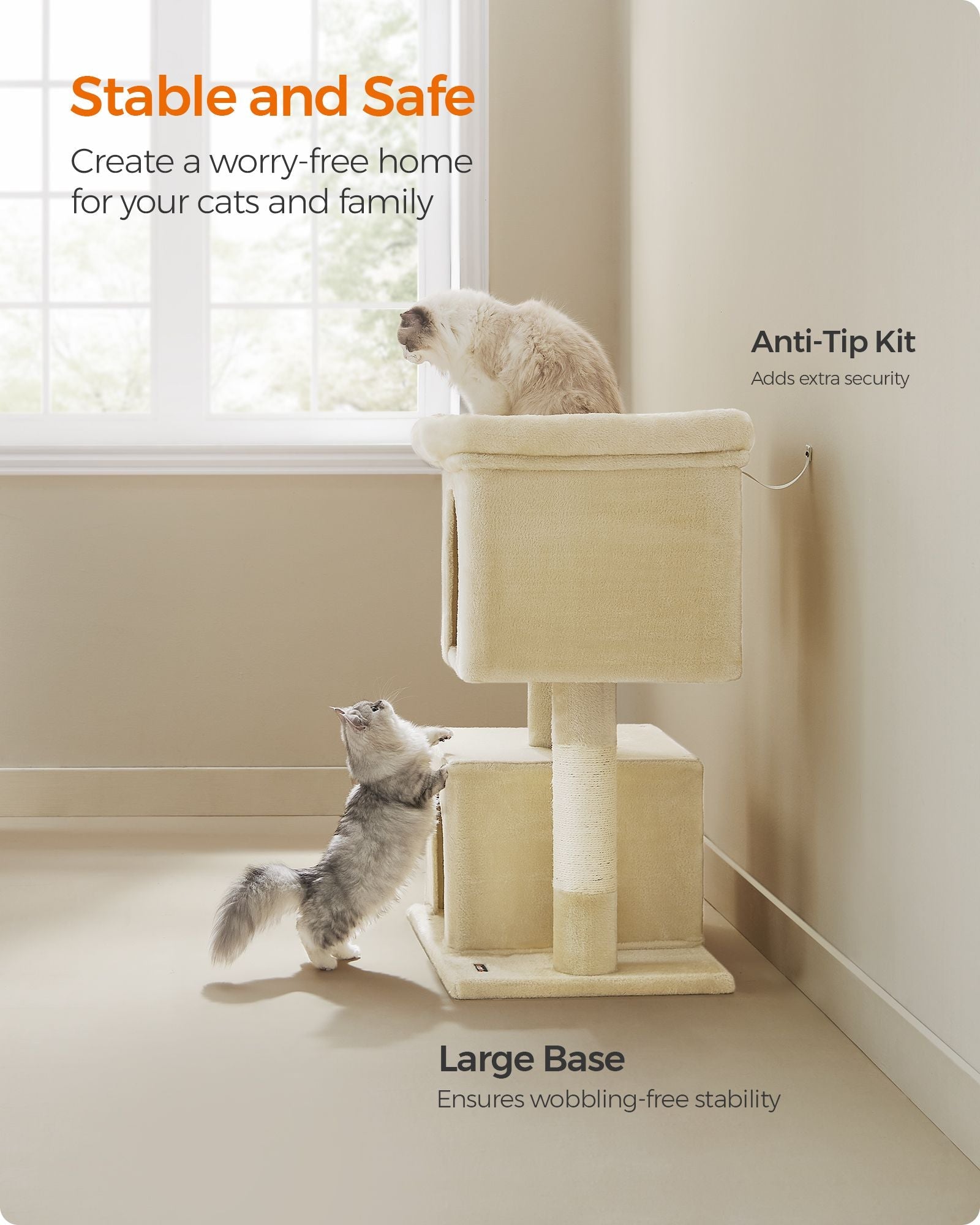 Cat Tree – Wood and Plush – Beige – Tall with Scratching Posts and Condos