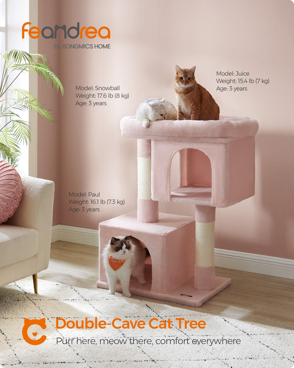 Cat Tree – Medium Density Fiberboard and Sisal – Jelly Pink – Features Cat Caves and Scratching Posts