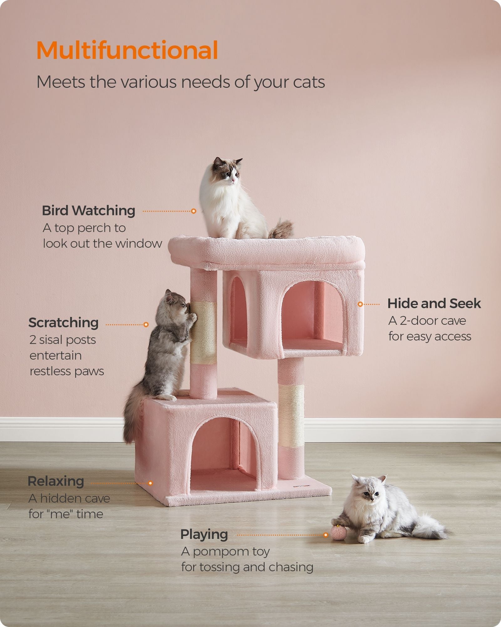 Cat Tree – Medium Density Fiberboard and Sisal – Jelly Pink – Features Cat Caves and Scratching Posts