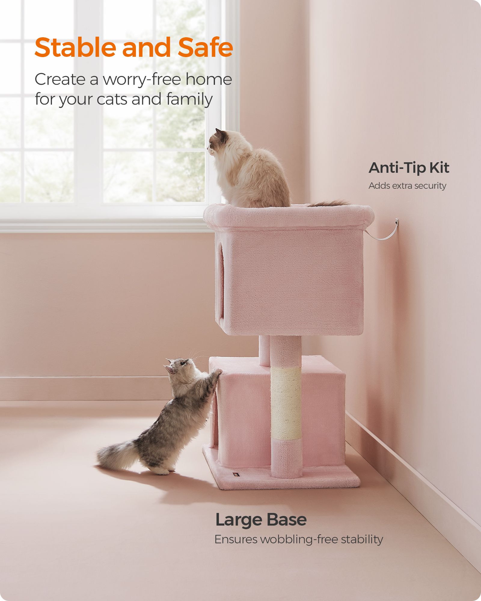 Cat Tree – Medium Density Fiberboard and Sisal – Jelly Pink – Features Cat Caves and Scratching Posts