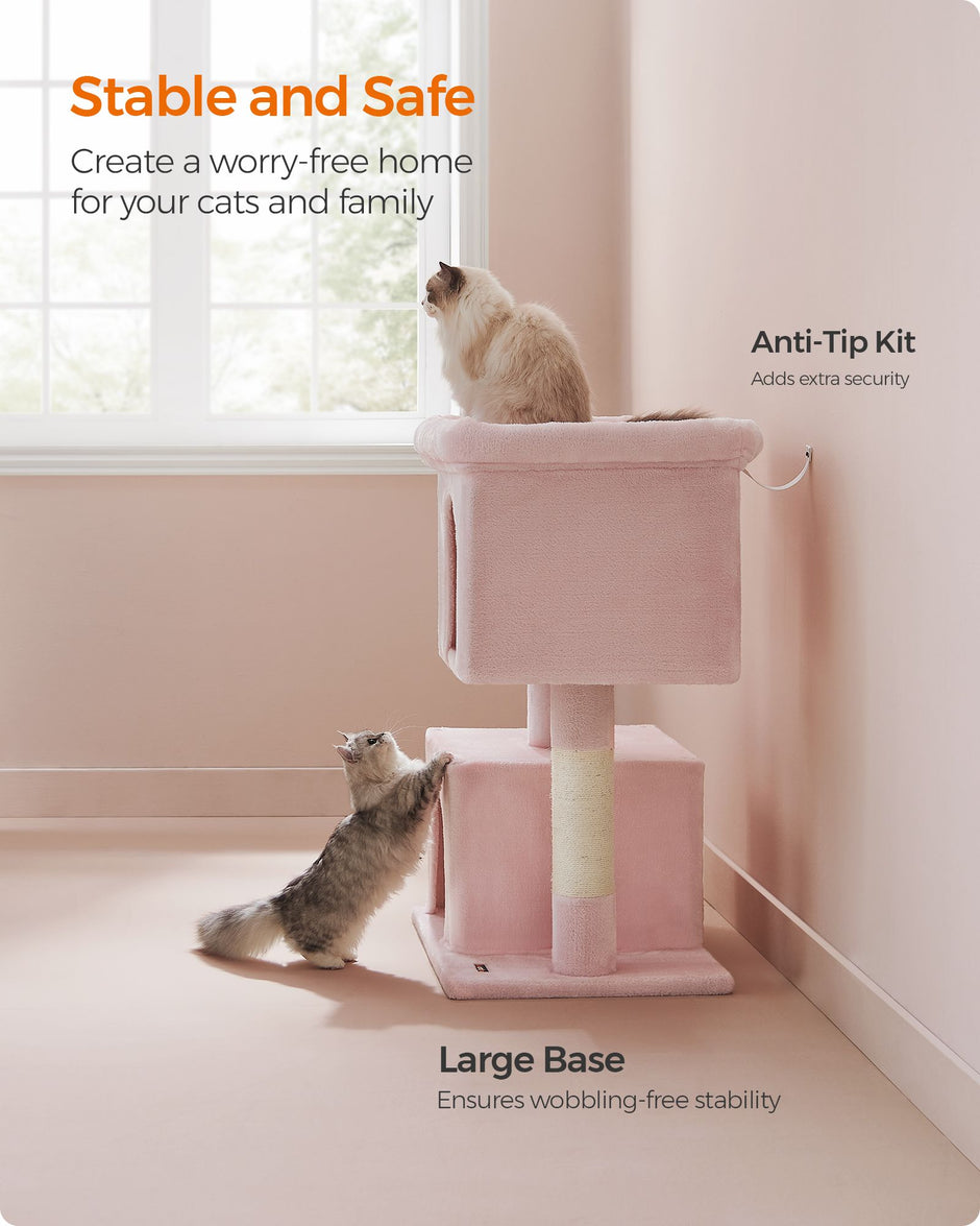 Cat Tree – Medium Density Fiberboard and Sisal – Jelly Pink – Features Cat Caves and Scratching Posts