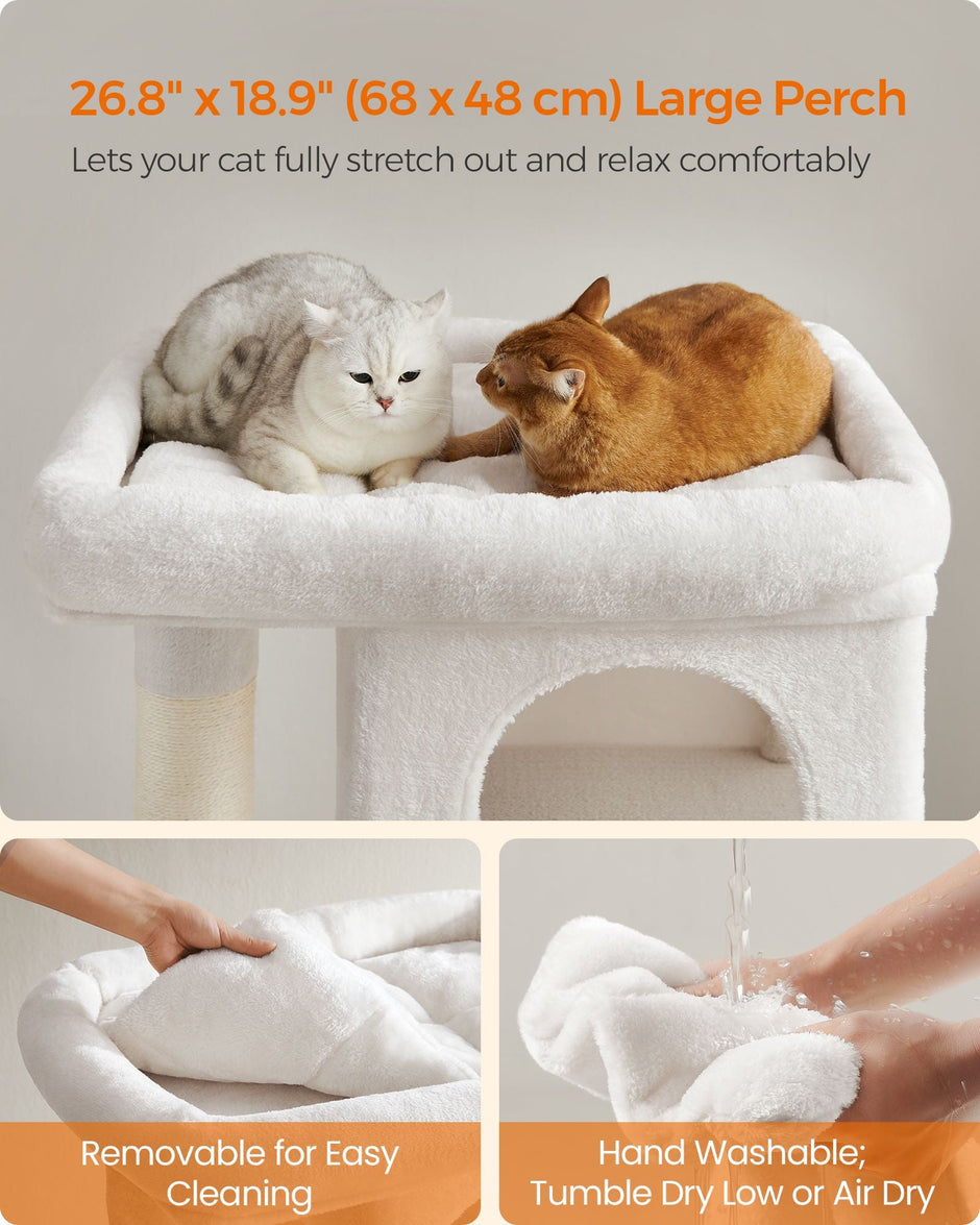 Cat Tree – Engineered Wood – Cream White – Features Cat Caves and Sisal-Covered Scratching Posts