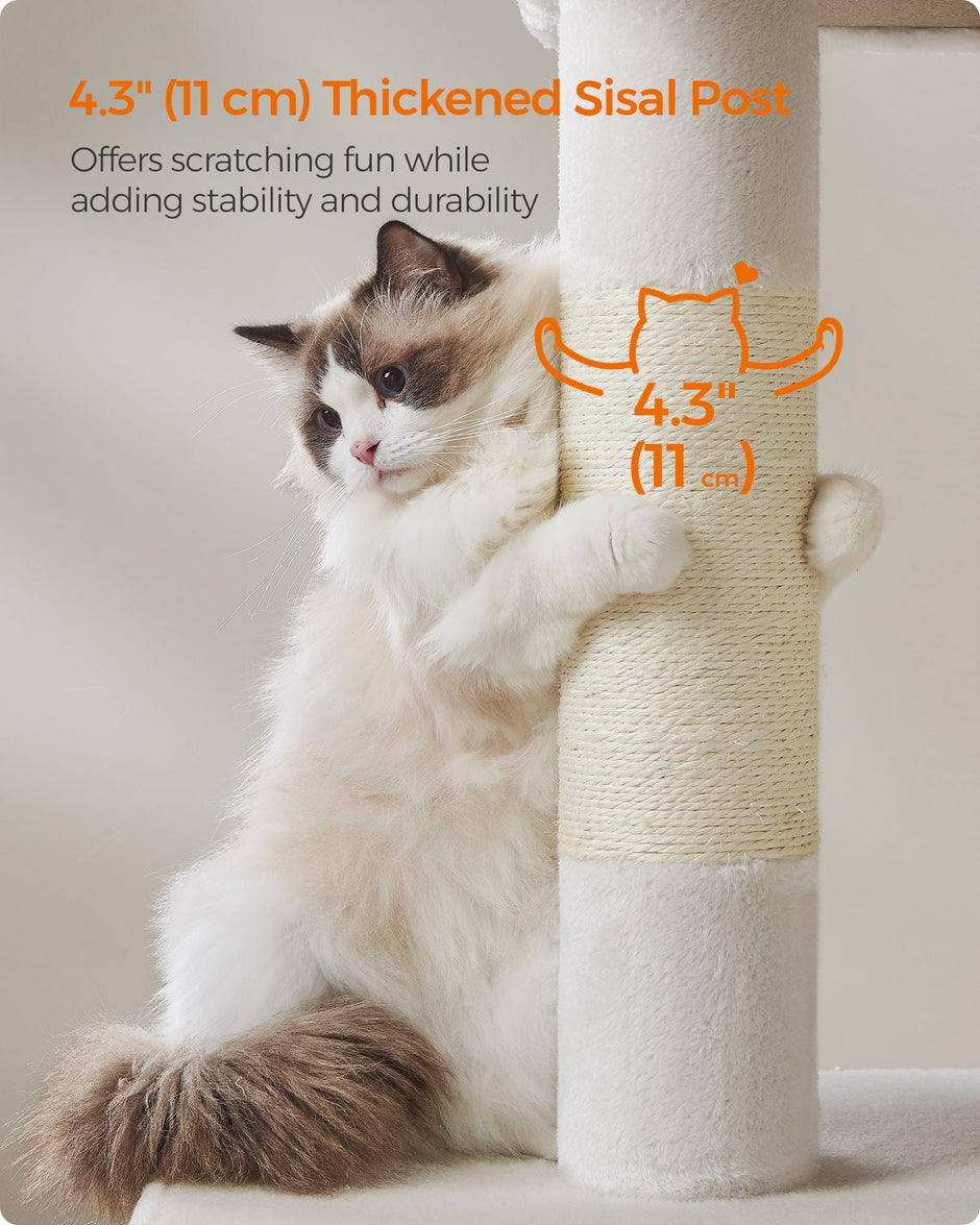 Cat Tree – Engineered Wood – Cream White – Features Cat Caves and Sisal-Covered Scratching Posts
