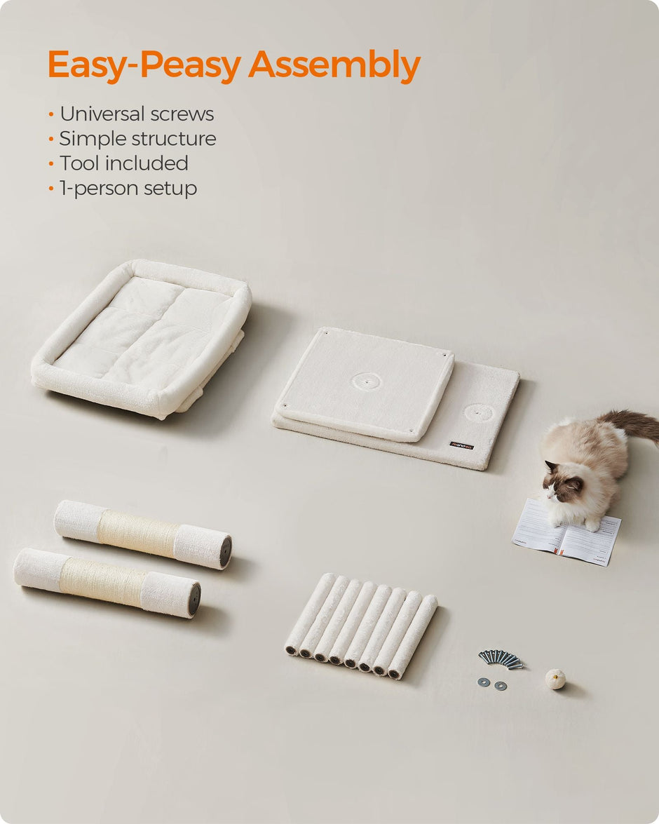 Cat Tree – Engineered Wood – Cream White – Features Cat Caves and Sisal-Covered Scratching Posts