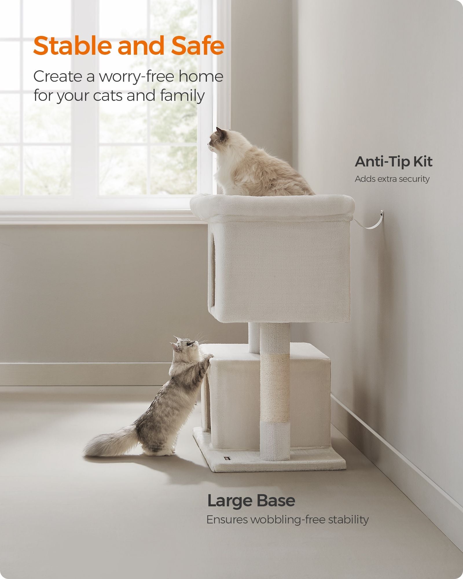 Cat Tree – Engineered Wood – Cream White – Features Cat Caves and Sisal-Covered Scratching Posts
