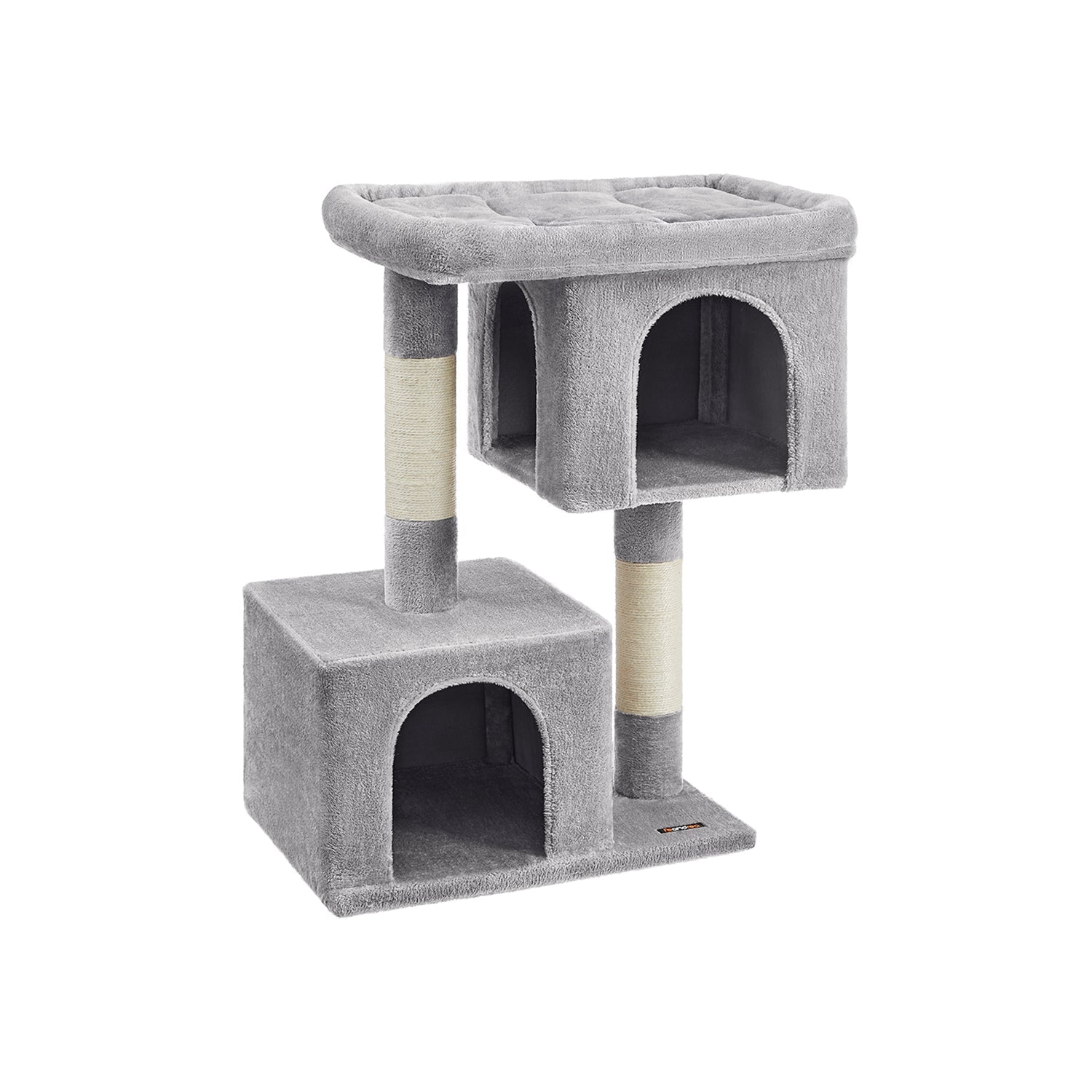 Cat Tower – Wood and Plush – Light Grey – Features 2 Cat Caves and Scratching Posts