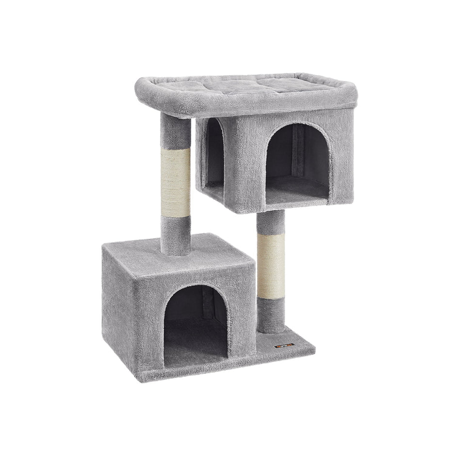 Cat Tower – Wood and Plush – Light Grey – Features 2 Cat Caves and Scratching Posts