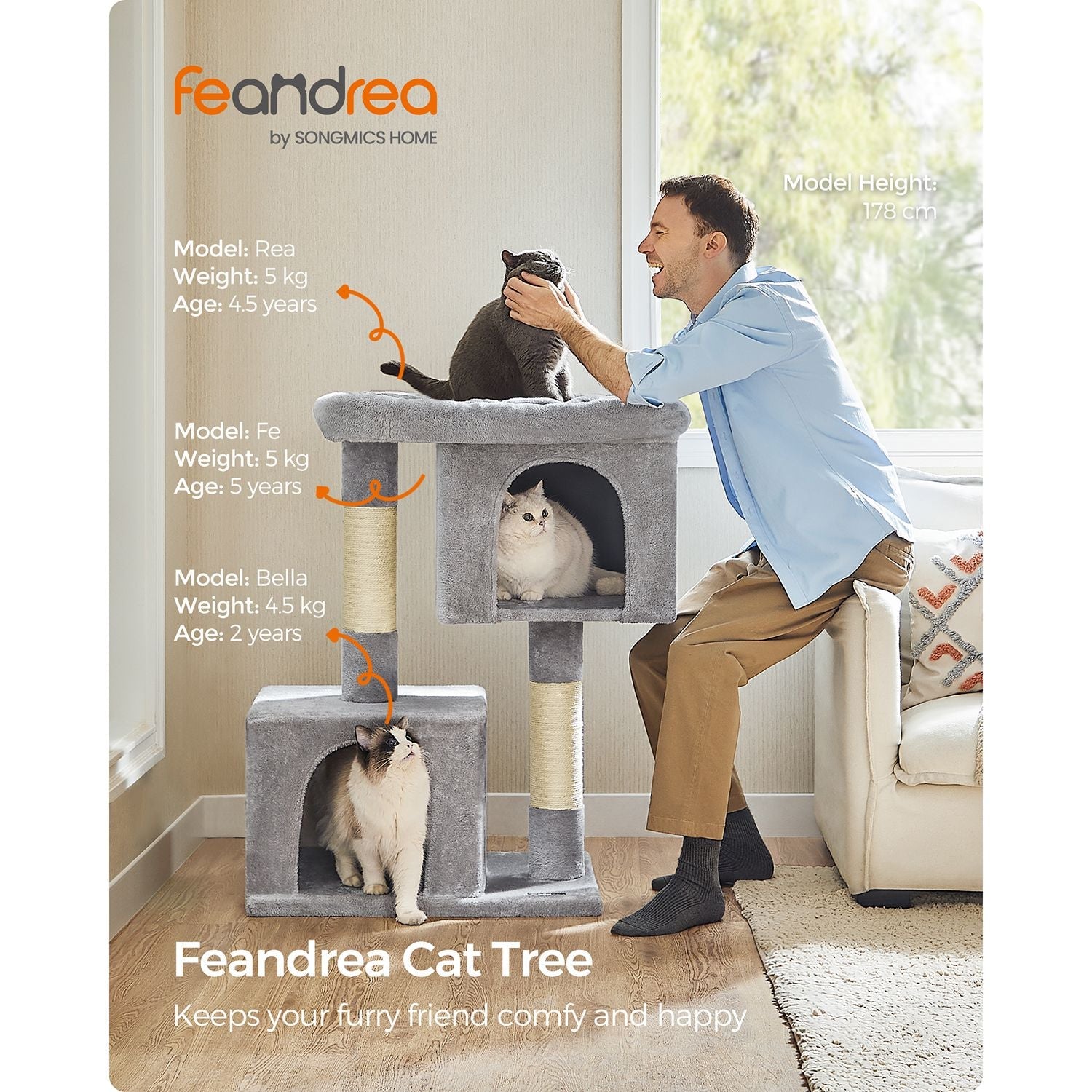 Cat Tower – Wood and Plush – Light Grey – Features 2 Cat Caves and Scratching Posts