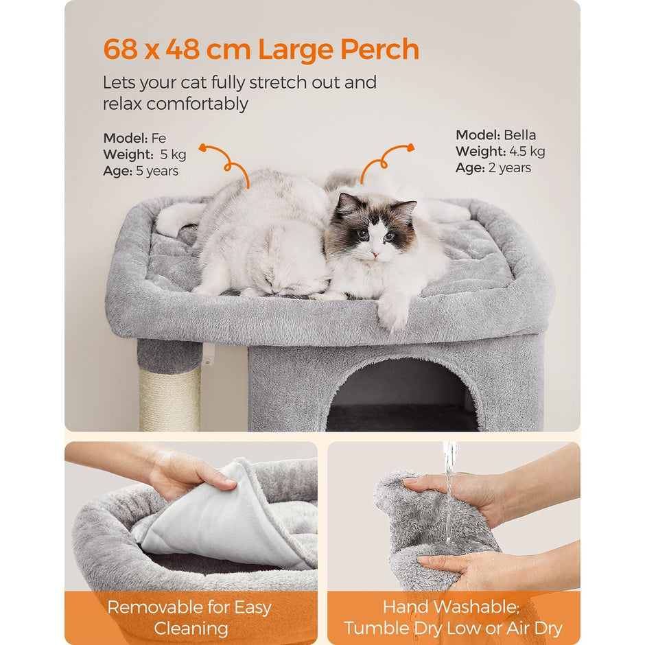 Cat Tower – Wood and Plush – Light Grey – Features 2 Cat Caves and Scratching Posts