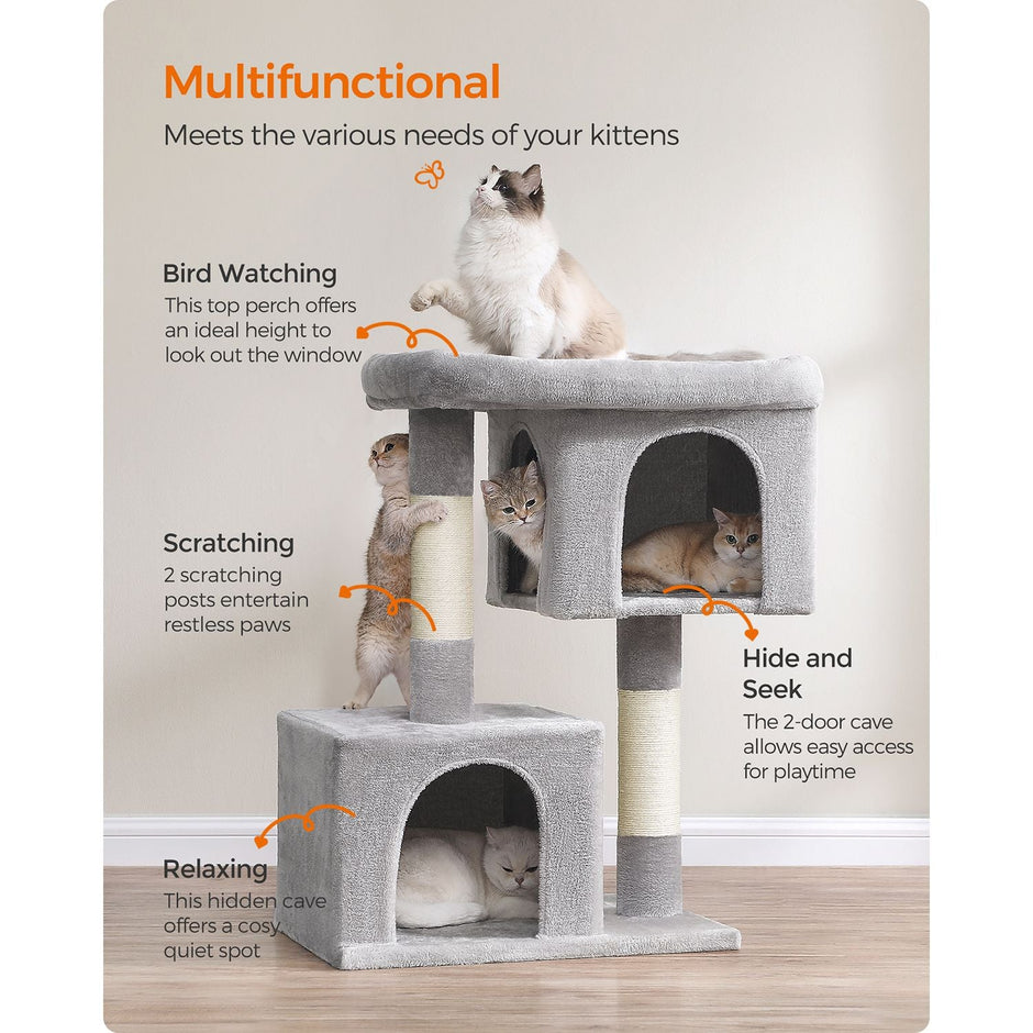 Cat Tower – Wood and Plush – Light Grey – Features 2 Cat Caves and Scratching Posts