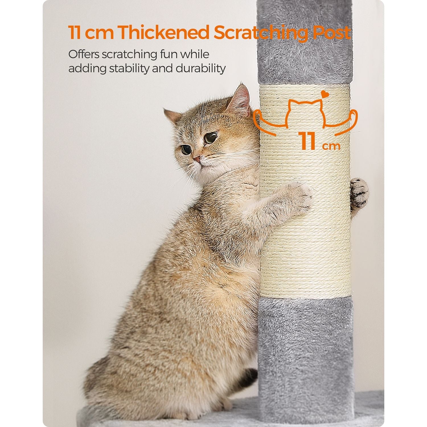Cat Tower – Wood and Plush – Light Grey – Features 2 Cat Caves and Scratching Posts