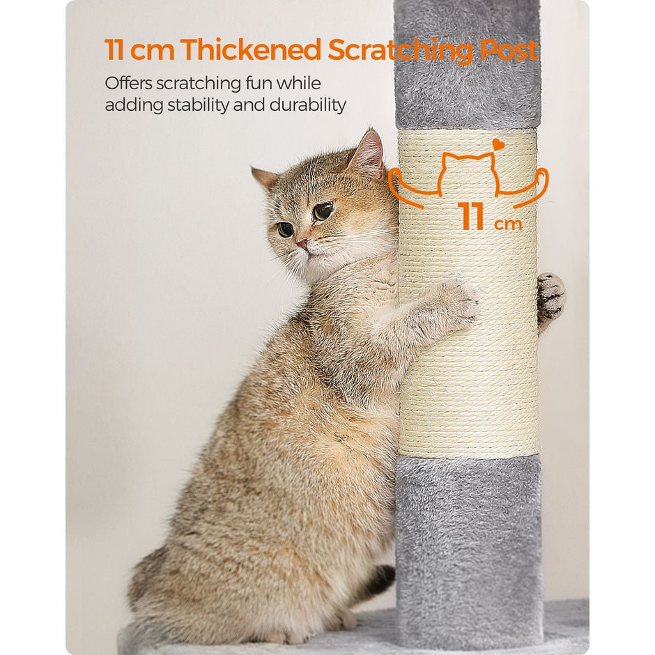 Cat Tower – Wood and Plush – Light Grey – Features 2 Cat Caves and Scratching Posts