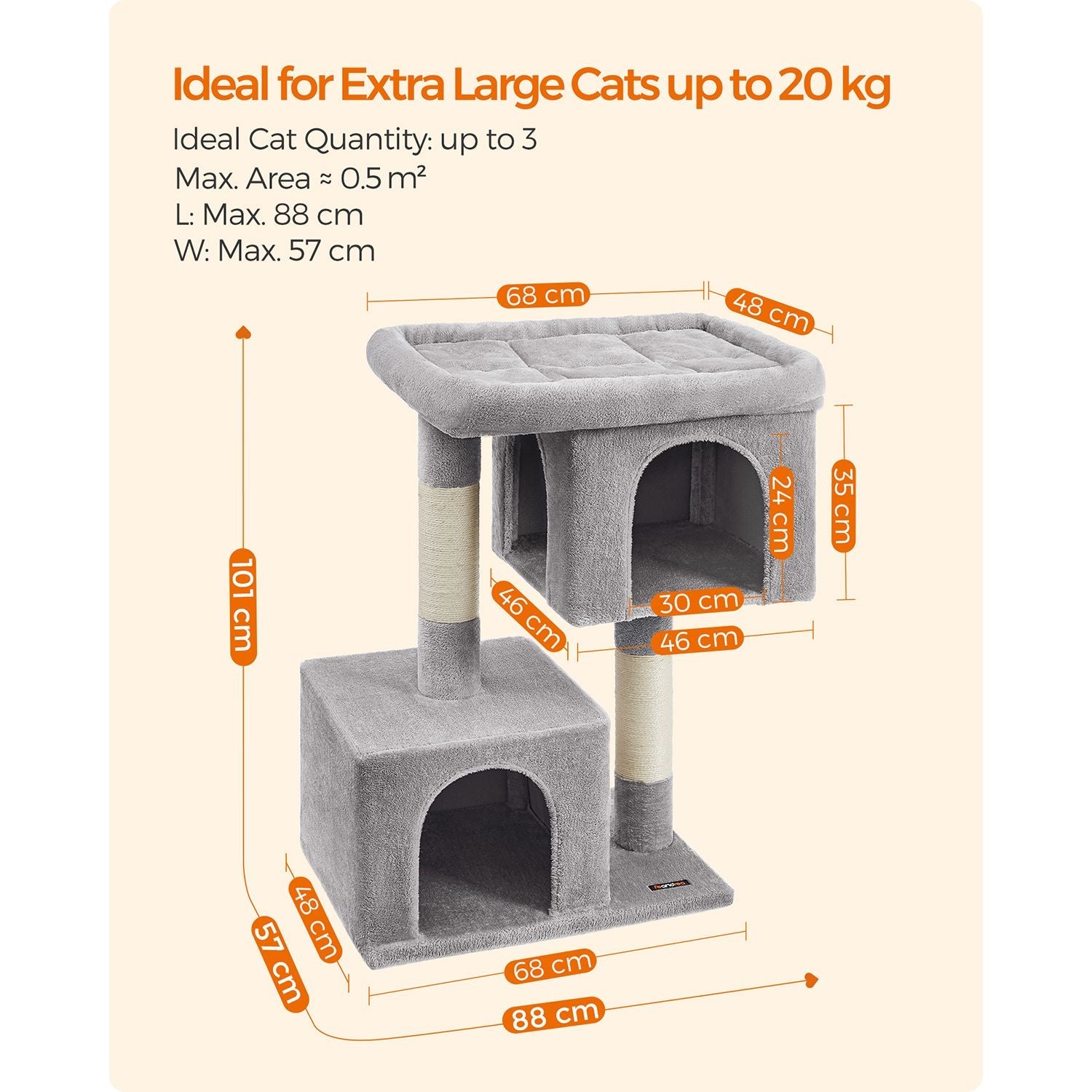 Cat Tower – Wood and Plush – Light Grey – Features 2 Cat Caves and Scratching Posts