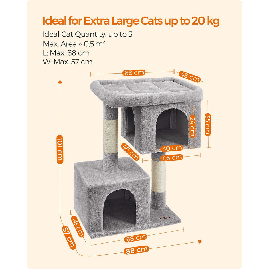 Cat Tower – Wood and Plush – Light Grey – Features 2 Cat Caves and Scratching Posts