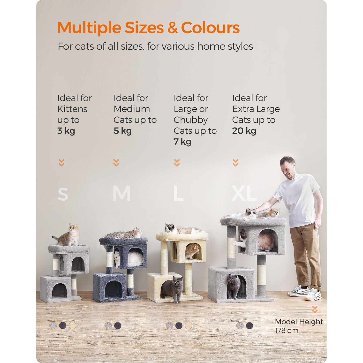 Cat Tower – Wood and Plush – Light Grey – Features 2 Cat Caves and Scratching Posts