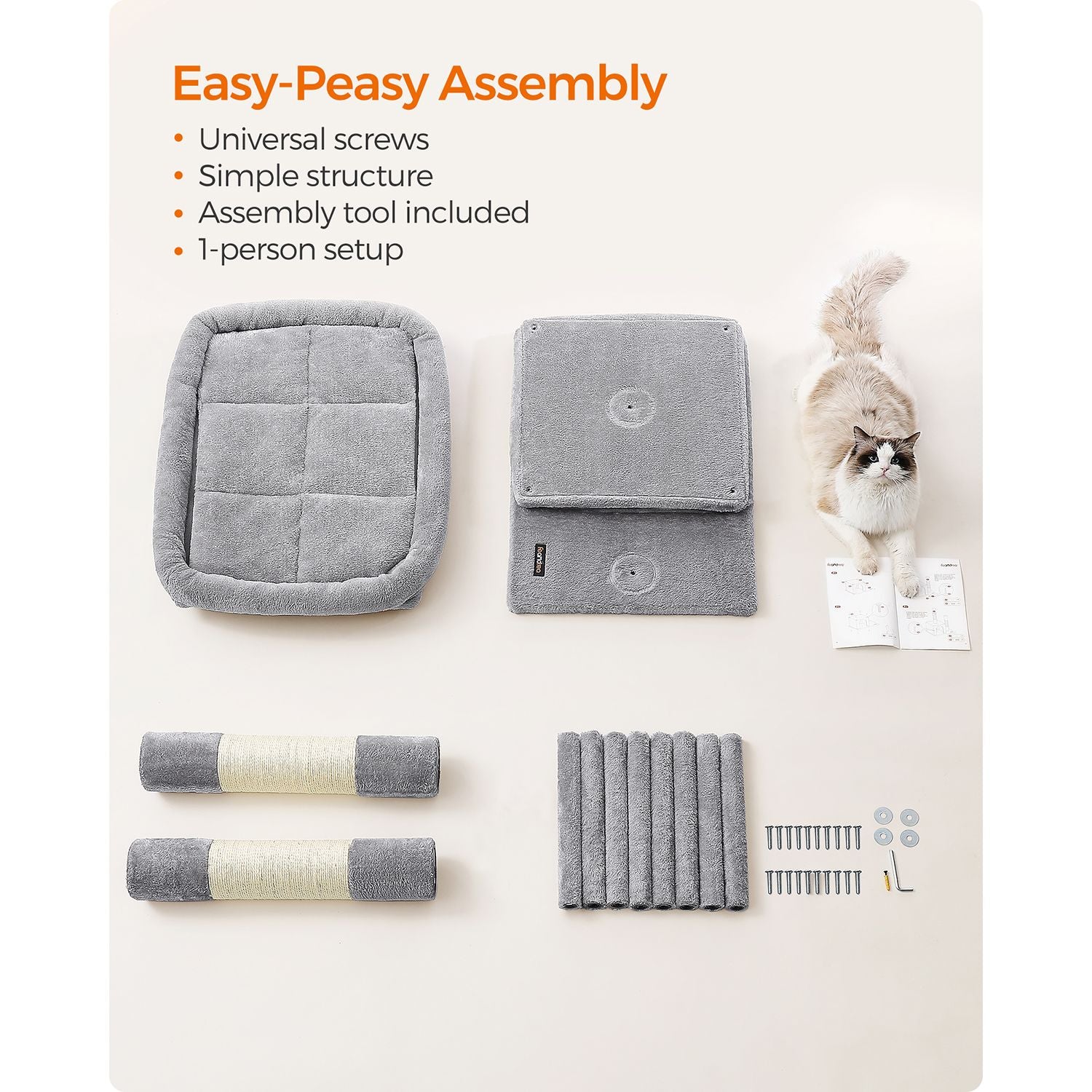 Cat Tower – Wood and Plush – Light Grey – Features 2 Cat Caves and Scratching Posts