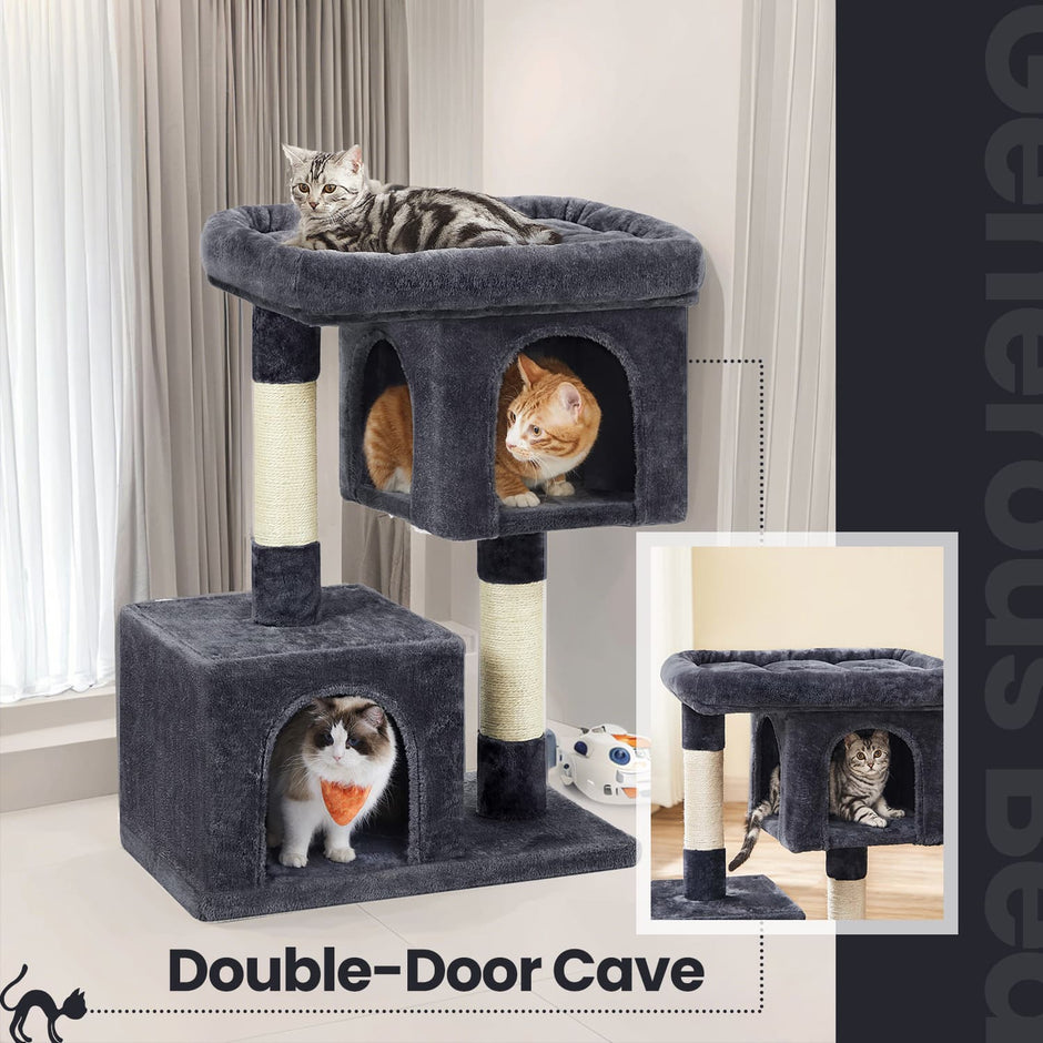 Cat Tree – Wood – Light Grey – Large Perch with Two Cat Caves and Scratching Post