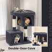 Cat Tree – Wood – Light Grey – Large Perch with Two Cat Caves and Scratching Post