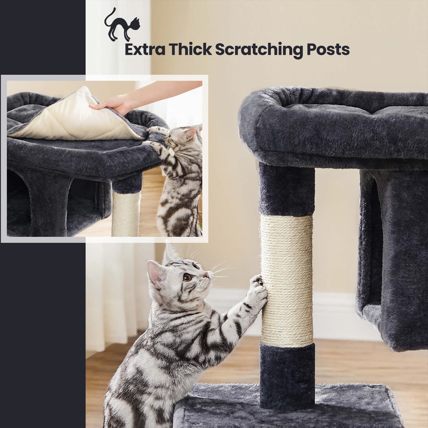 Cat Tree – Wood – Light Grey – Large Perch with Two Cat Caves and Scratching Post