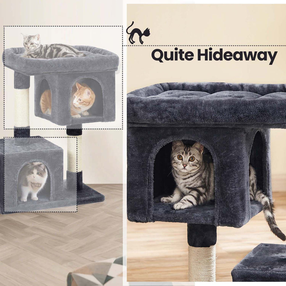 Cat Tree – Wood – Light Grey – Large Perch with Two Cat Caves and Scratching Post
