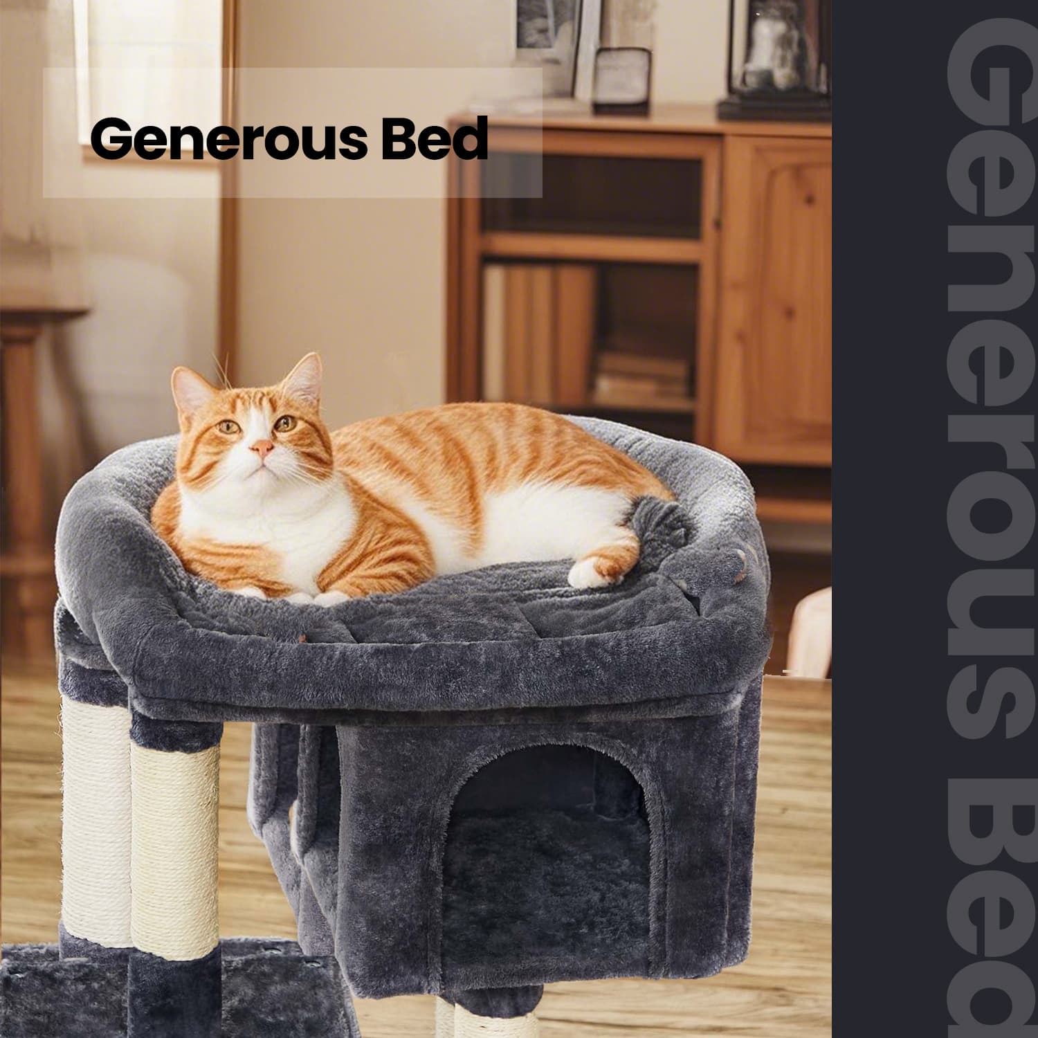 Cat Tree – Wood – Light Grey – Large Perch with Two Cat Caves and Scratching Post
