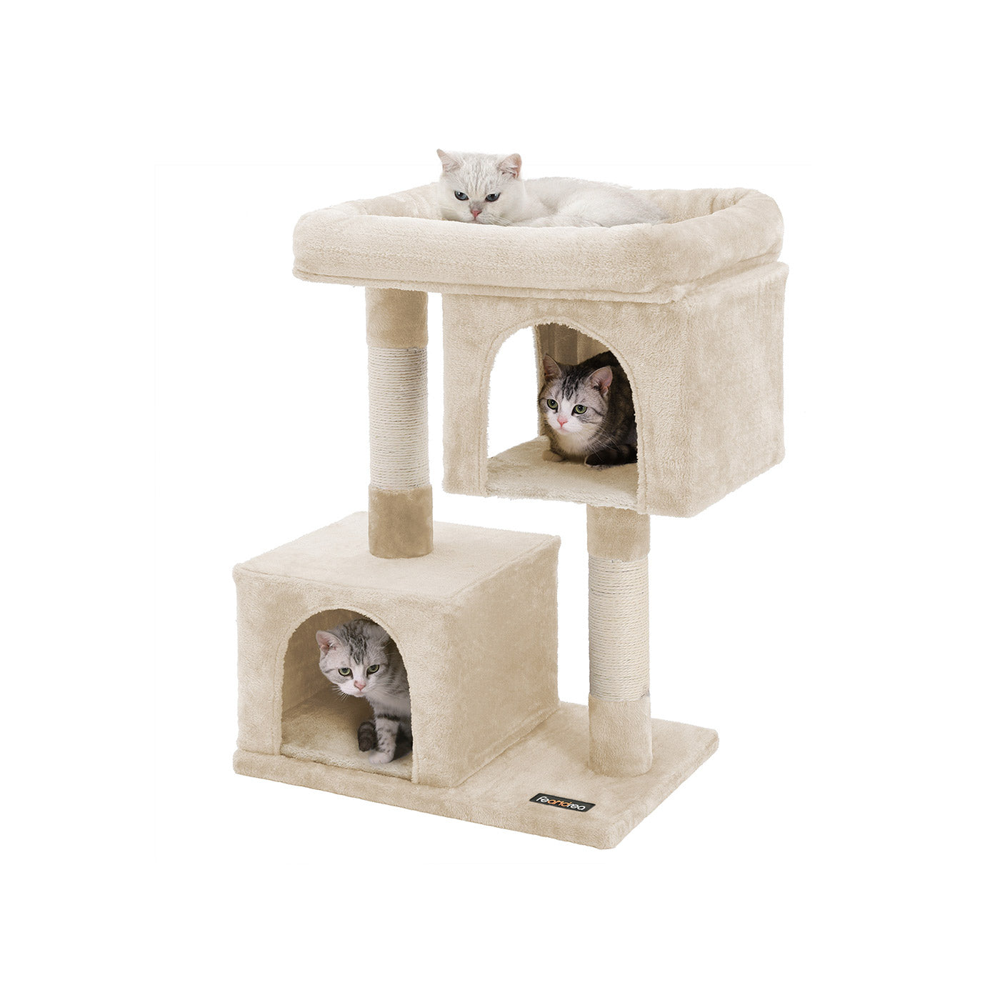 Cat Tree – Engineered Wood – Light Grey – Features Two Cat Caves and Large Perch