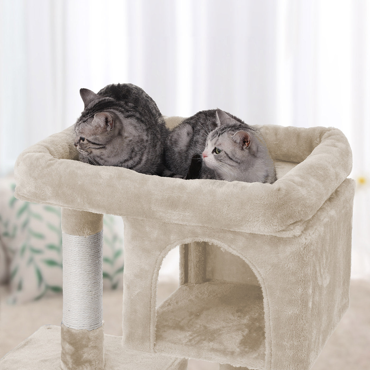 Cat Tree – Wood and Fabric – Light Grey – Two Condos with Large Perch and Scratching Post