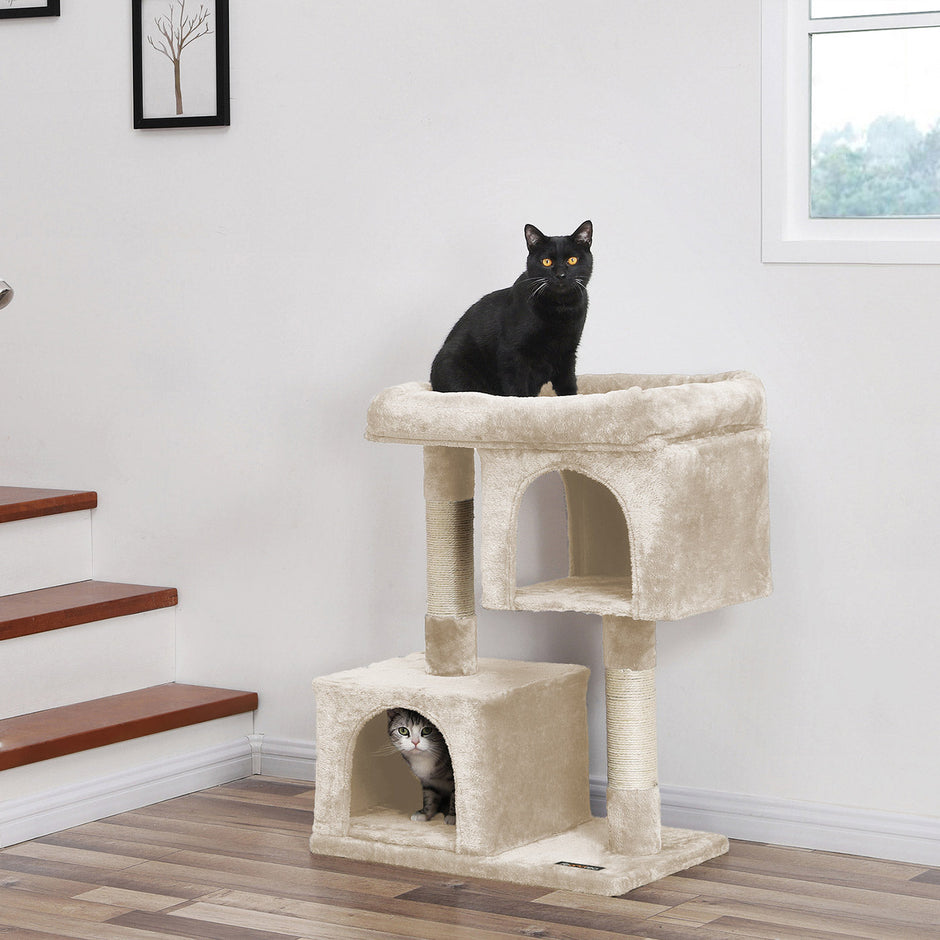 Cat Tree – Wood and Fabric – Light Grey – Two Condos with Large Perch and Scratching Post