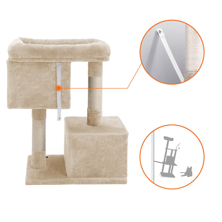 Cat Tree – Wood and Fabric – Light Grey – Two Condos with Large Perch and Scratching Post