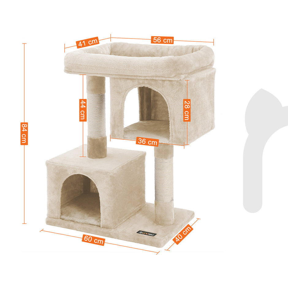 Cat Tree – Wood and Fabric – Light Grey – Two Condos with Large Perch and Scratching Post