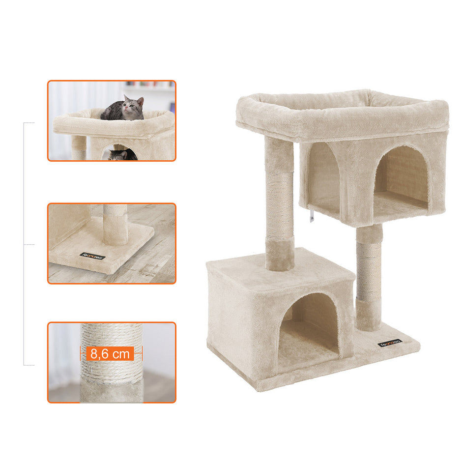 Cat Tree – Wood and Fabric – Light Grey – Two Condos with Large Perch and Scratching Post