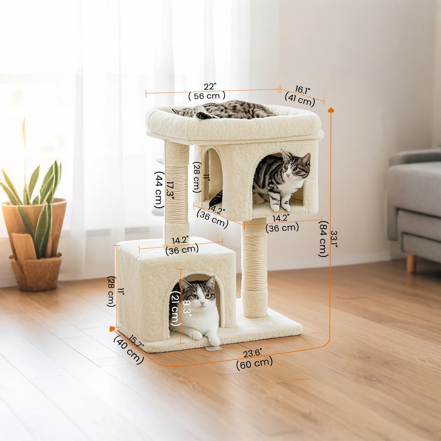 Cat Tree – Wood – Light Grey – Large Perch with Two Cat Caves and Scratching Post