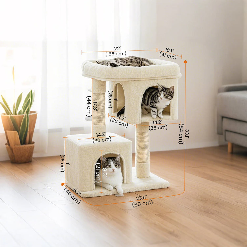 Cat Tree – Wood – Light Grey – Large Perch with Two Cat Caves and Scratching Post