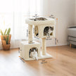 Cat Tree – Wood – Light Grey – Large Perch with Two Cat Caves and Scratching Post