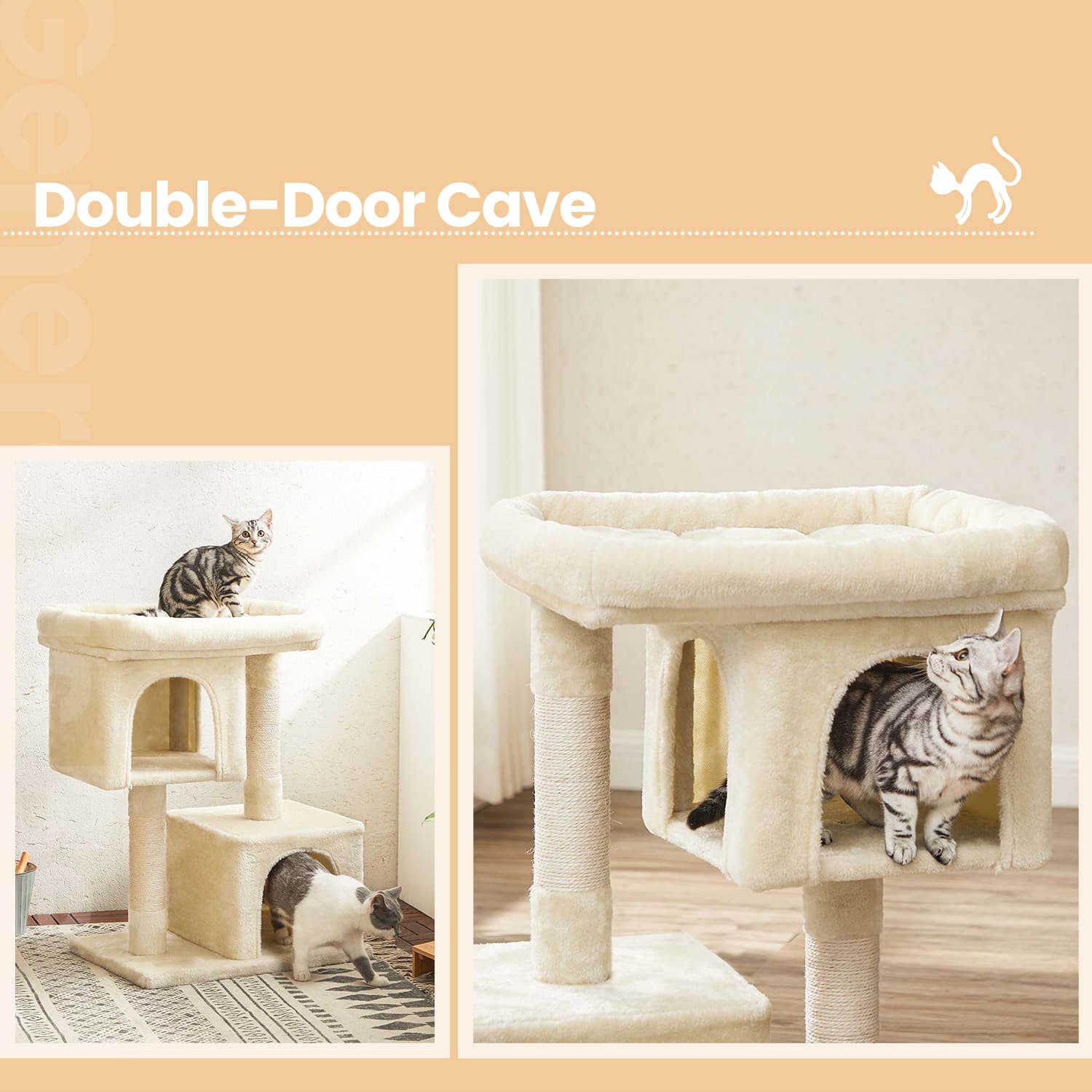 Cat Tree – Wood – Light Grey – Large Perch with Two Cat Caves and Scratching Post