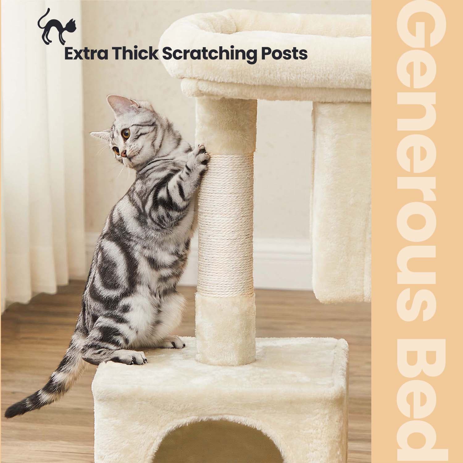 Cat Tree – Wood – Light Grey – Large Perch with Two Cat Caves and Scratching Post