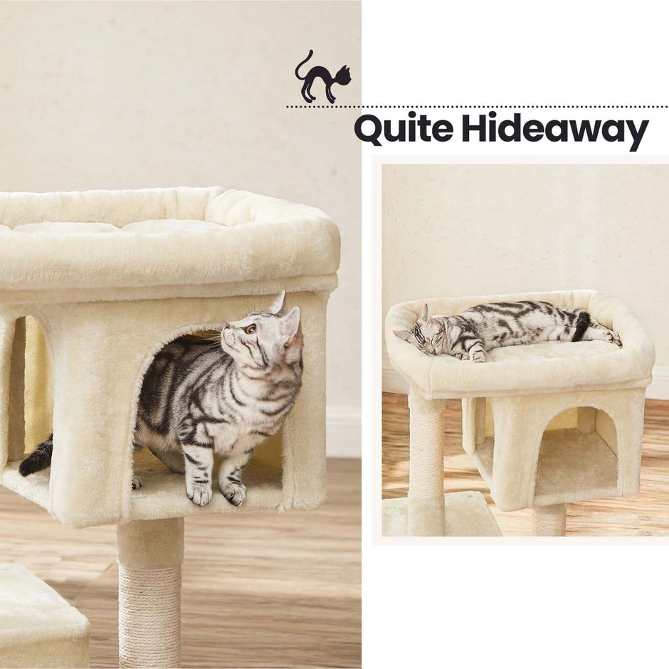 Cat Tree – Wood – Light Grey – Large Perch with Two Cat Caves and Scratching Post