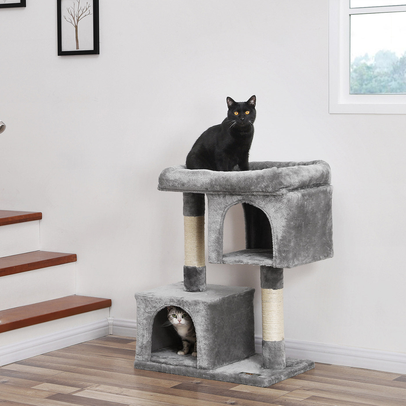 Cat Tree – Engineered Wood – Light Grey – Features Two Cat Caves and Large Perch