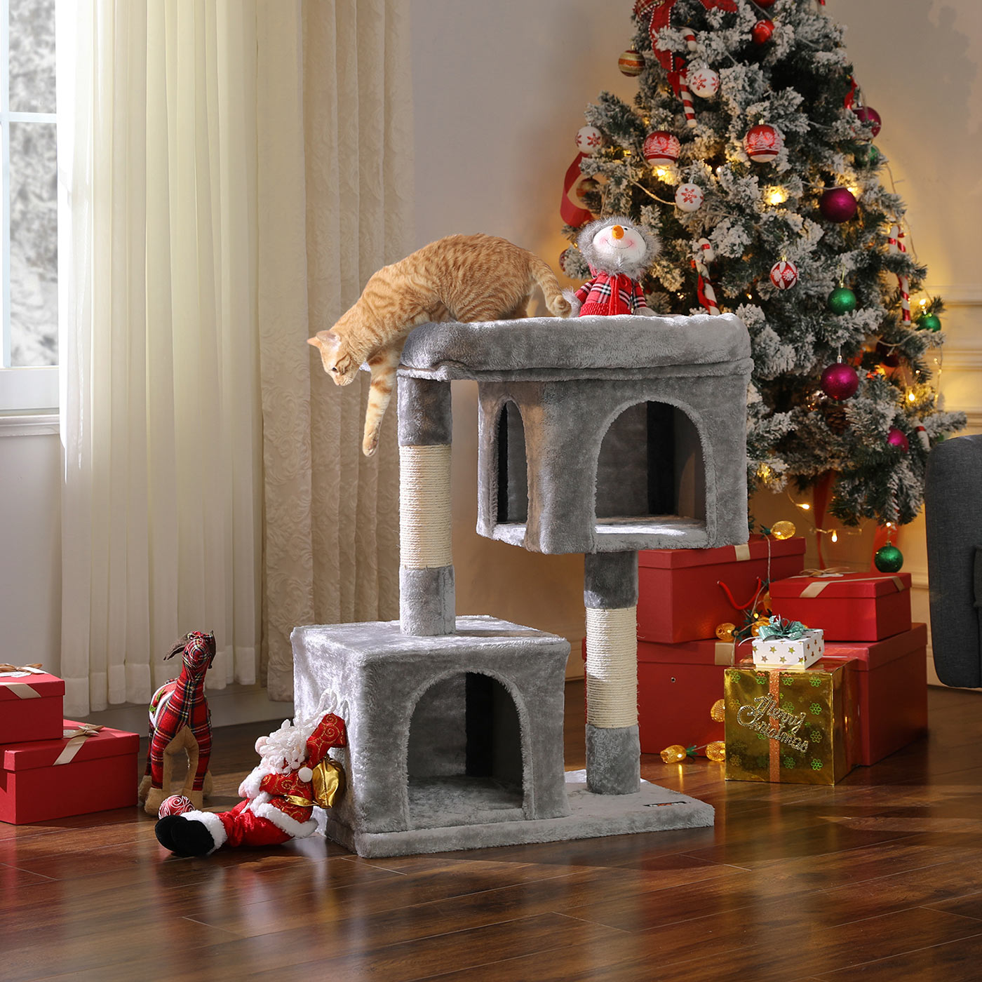 Cat Tree – Engineered Wood – Light Grey – Features Two Cat Caves and Large Perch
