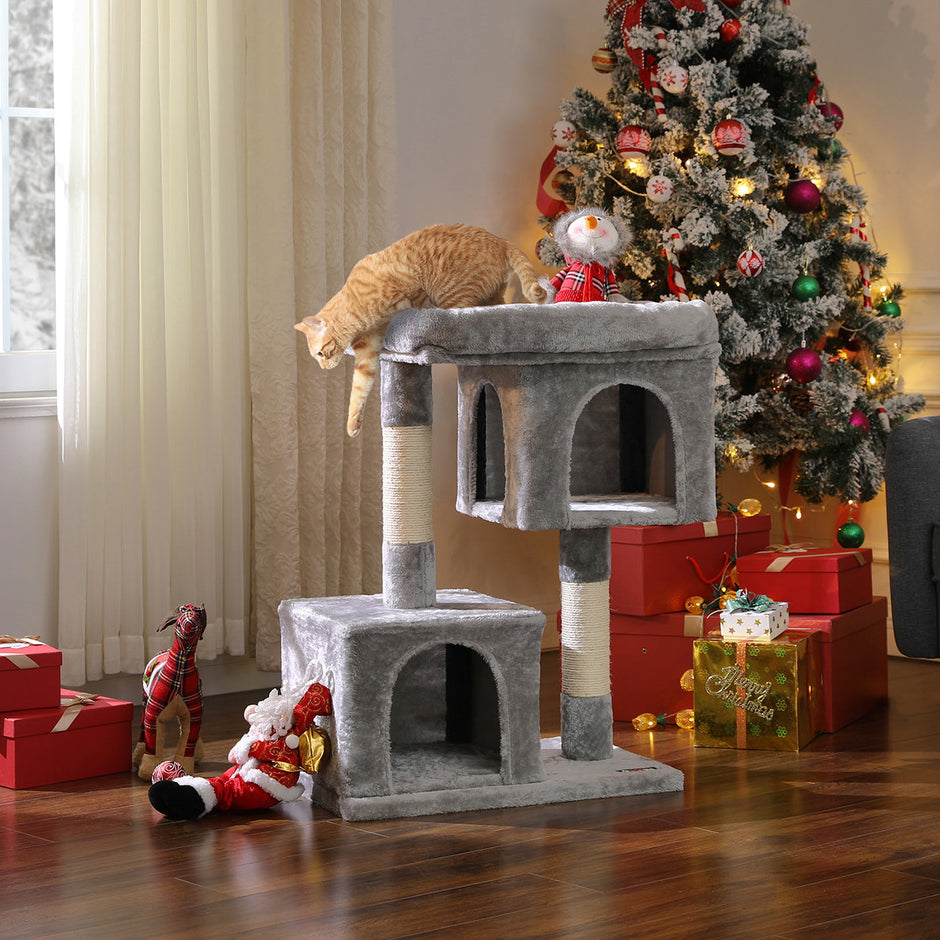 Cat Tree – Engineered Wood – Light Grey – Features Two Cat Caves and Large Perch