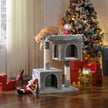 Cat Tree – Engineered Wood – Light Grey – Features Two Cat Caves and Large Perch