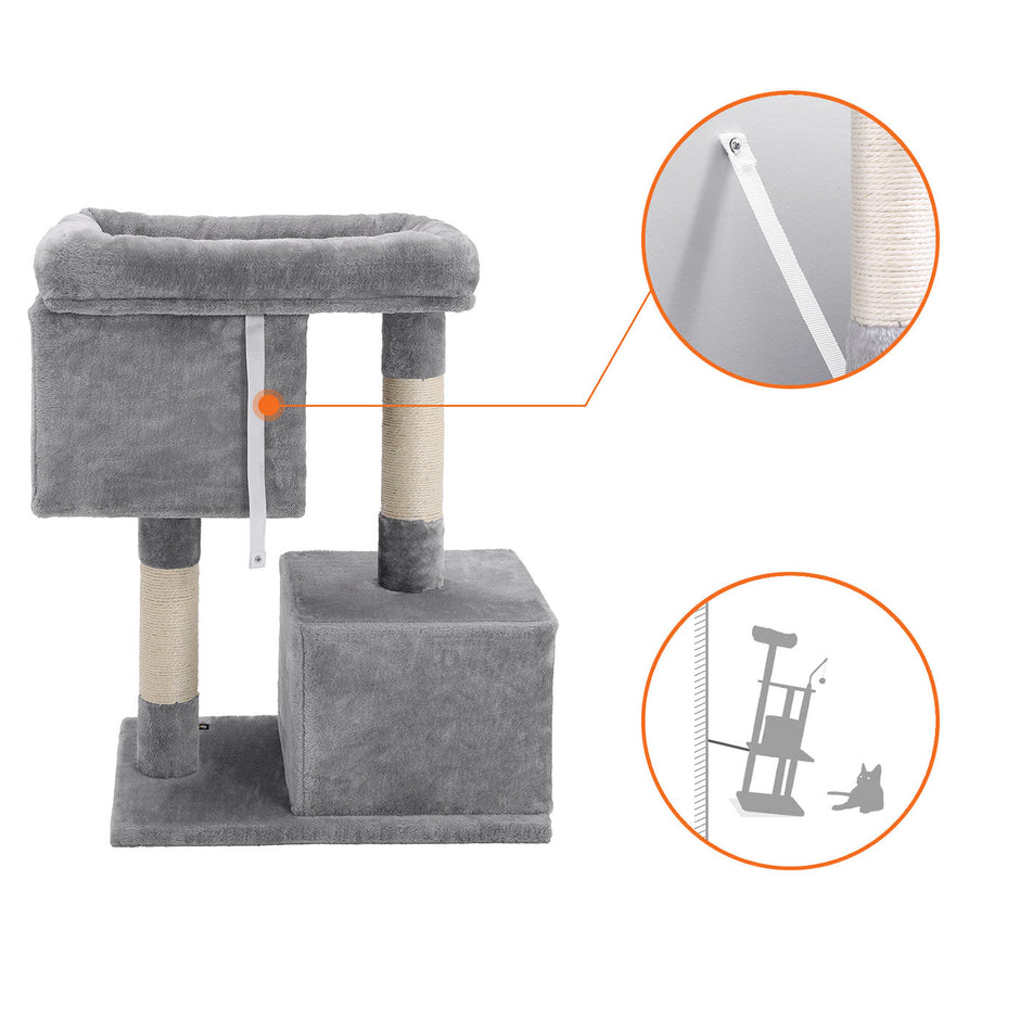 Cat Tree – Engineered Wood – Light Grey – Features Two Cat Caves and Large Perch