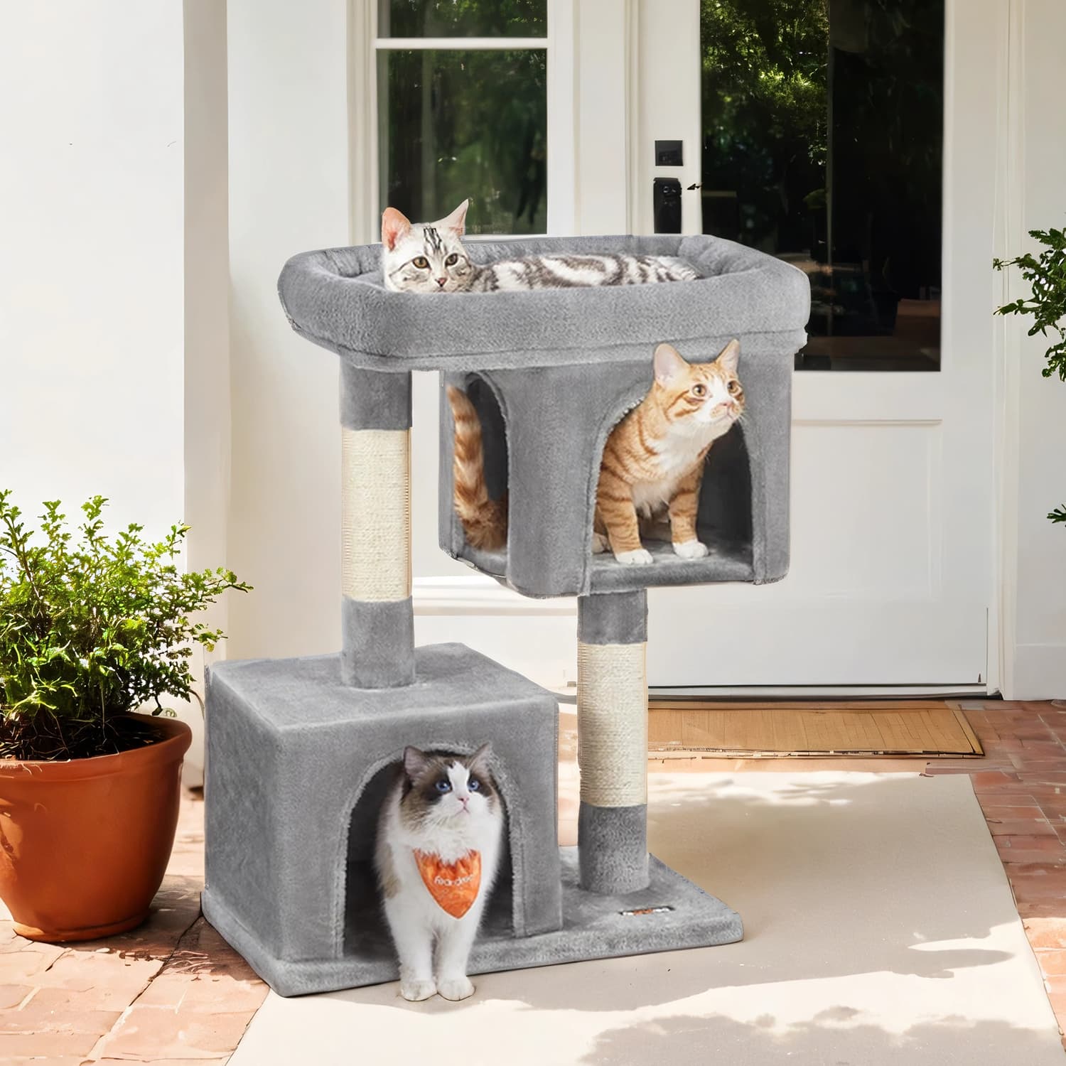 Cat Tree – Wood – Light Grey – Large Perch with Two Cat Caves and Scratching Post