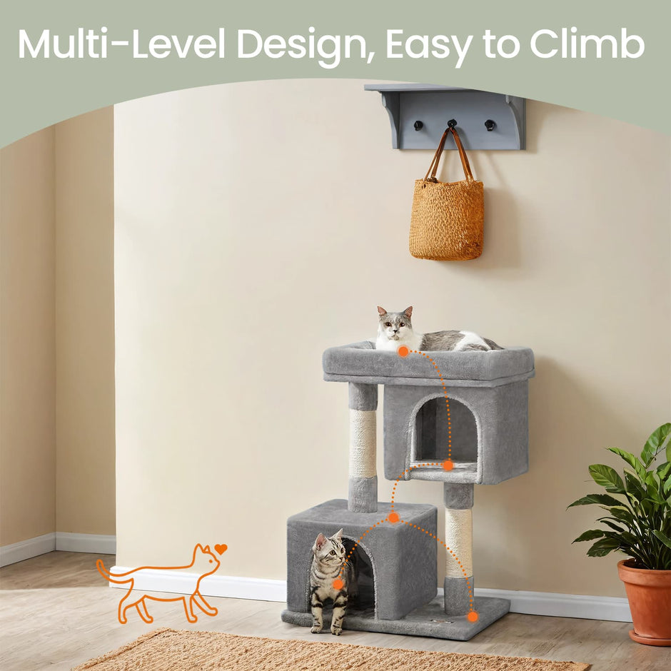 Cat Tree – Wood – Light Grey – Large Perch with Two Cat Caves and Scratching Post
