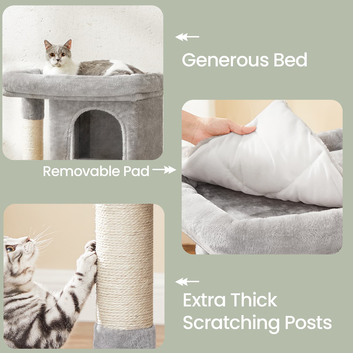 Cat Tree – Wood – Light Grey – Large Perch with Two Cat Caves and Scratching Post