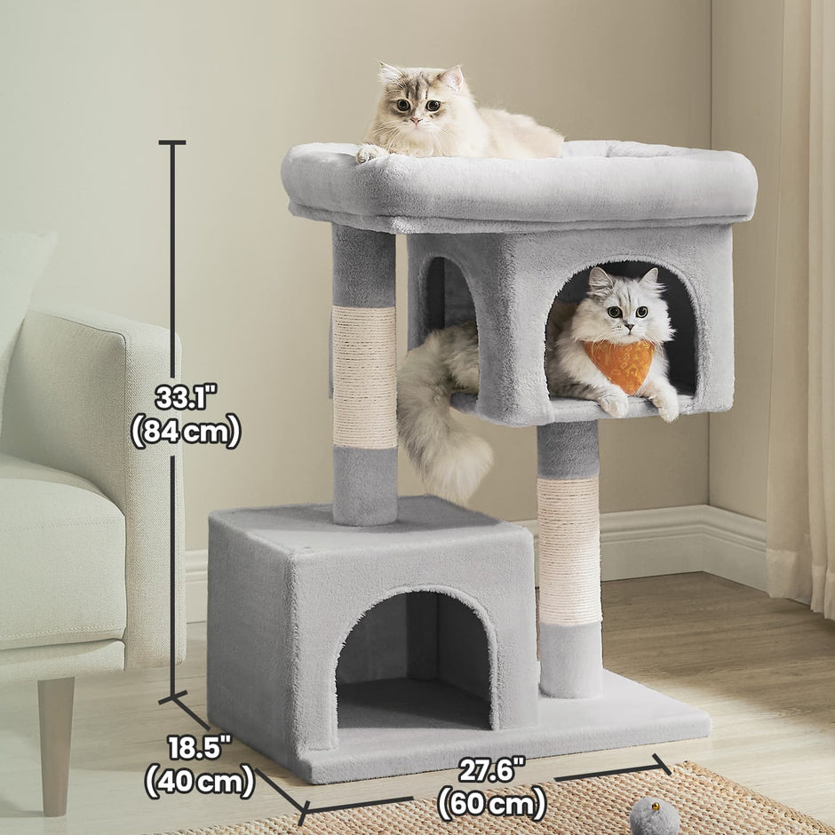 Cat Tree – Wood – Light Grey – Large Perch with Two Cat Caves and Scratching Post