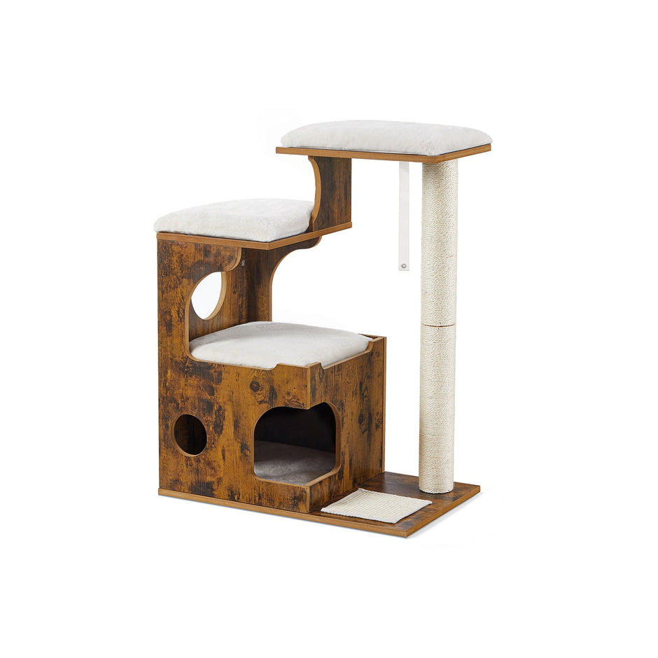 Cat Tree – MDF with Wood Veneer – Vintage Rustic Brown and White – Medium Tower with 3 Beds and Cave