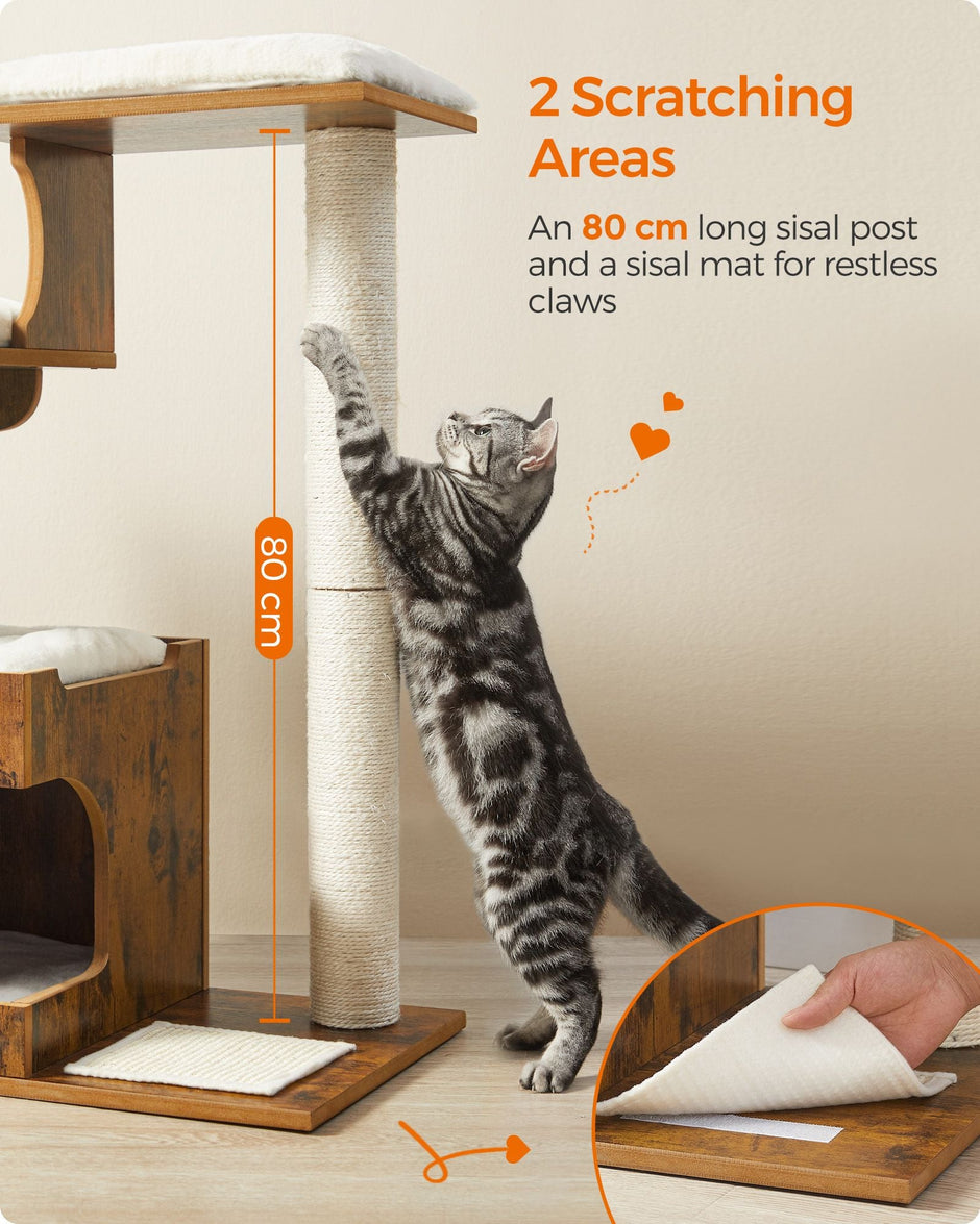 Cat Tree – MDF with Wood Veneer – Vintage Rustic Brown and White – Medium Tower with 3 Beds and Cave