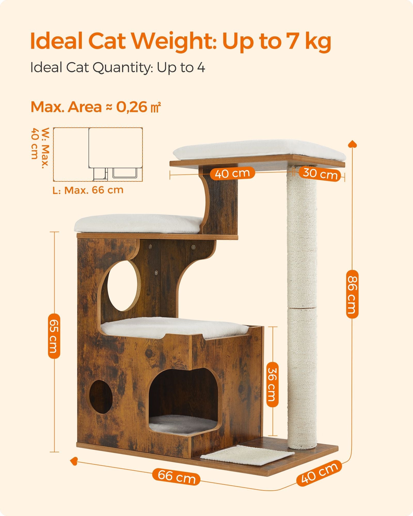 Cat Tree – MDF with Wood Veneer – Vintage Rustic Brown and White – Medium Tower with 3 Beds and Cave
