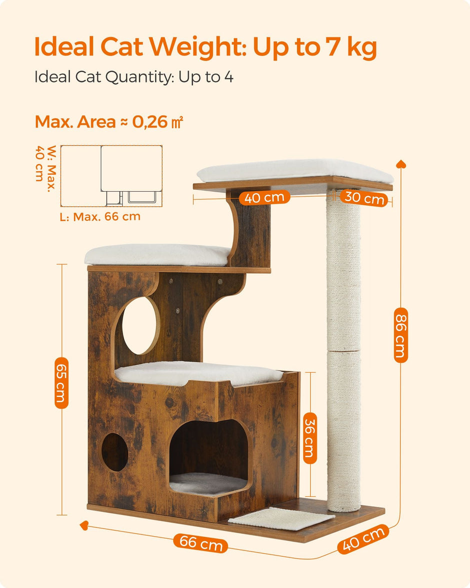 Cat Tree – MDF with Wood Veneer – Vintage Rustic Brown and White – Medium Tower with 3 Beds and Cave